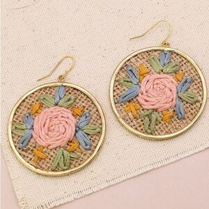Tan Floral Cross Stitch Embroidered Gold Earrings